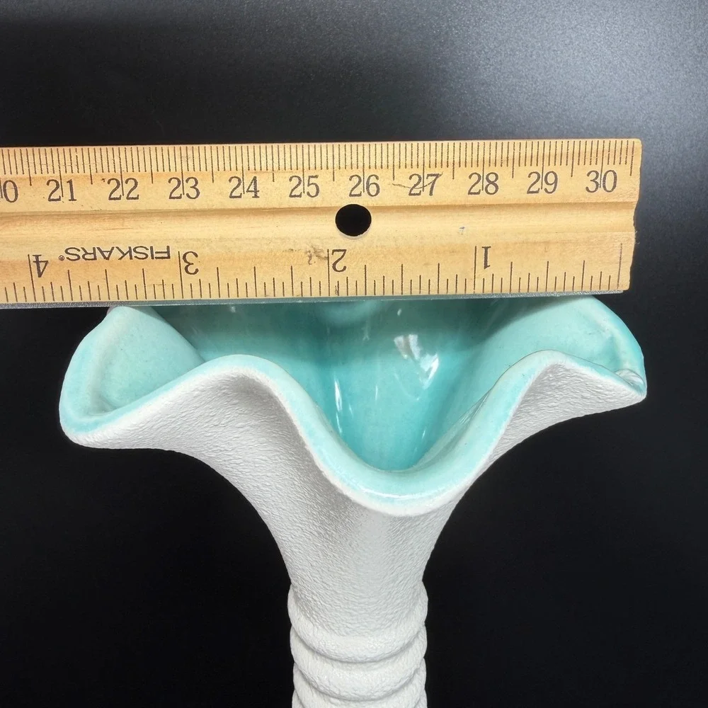 Haeger Pottery 3043 USA Vintage White Textured Turquoise Interior Ruffled Vase